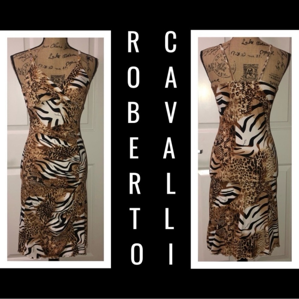 Roberto Cavalli Spaghetti Strap Body Con Animal Print Dress